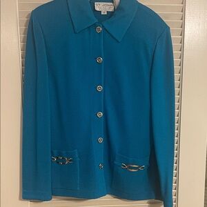 St. John Teal Knit Skirt Suit with Gold Button Accents